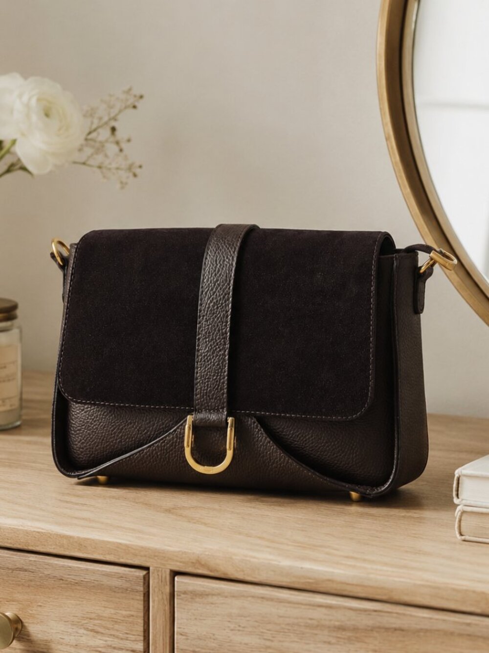 Italian Leather Suede Pebbled Crossbody Shoulder Bag, Chocolate Brown Purse